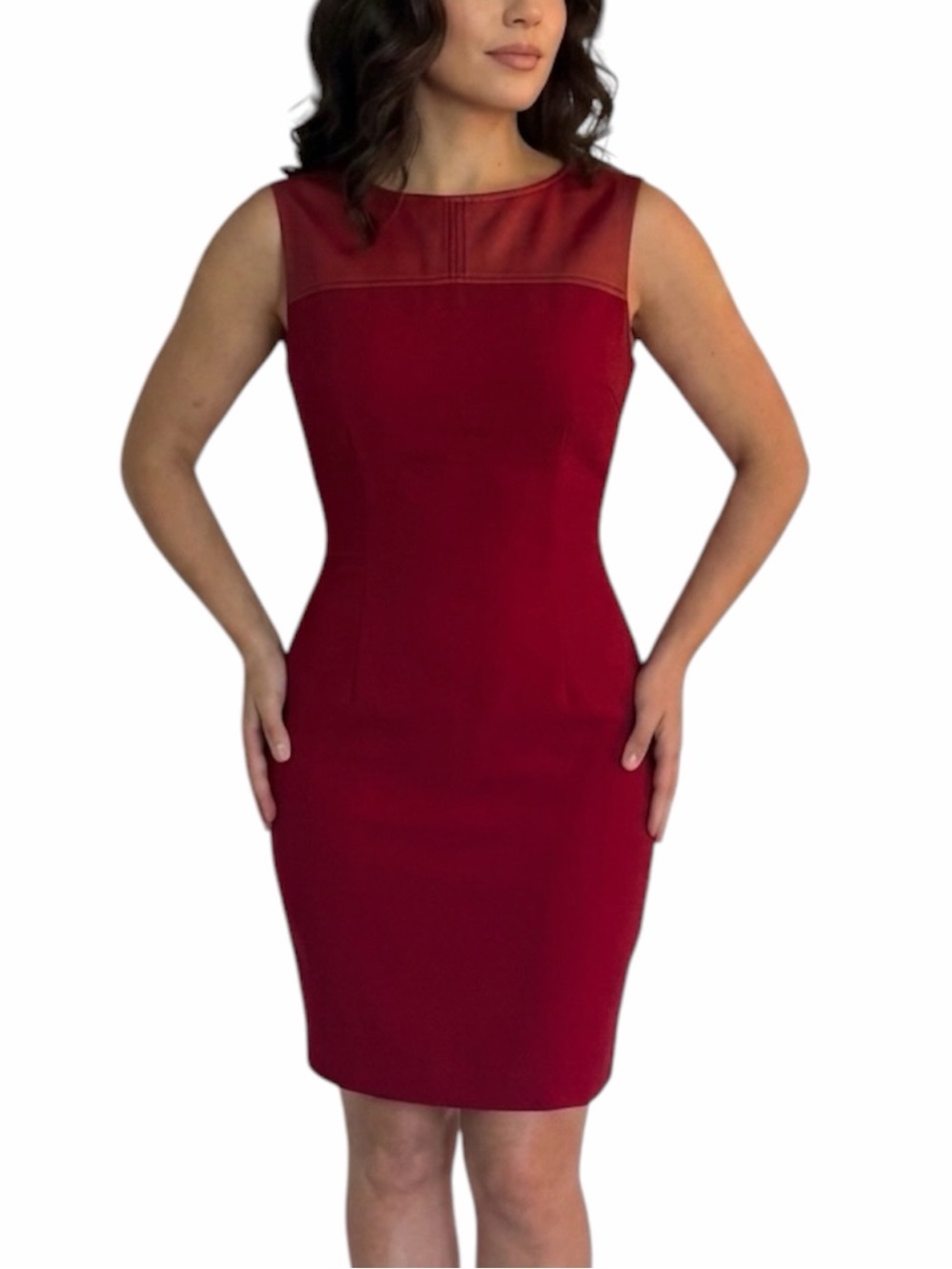 NWT Trina Turk Red Sleeveless Dress with Faux-Leather Yoke size 6 $388 msrp